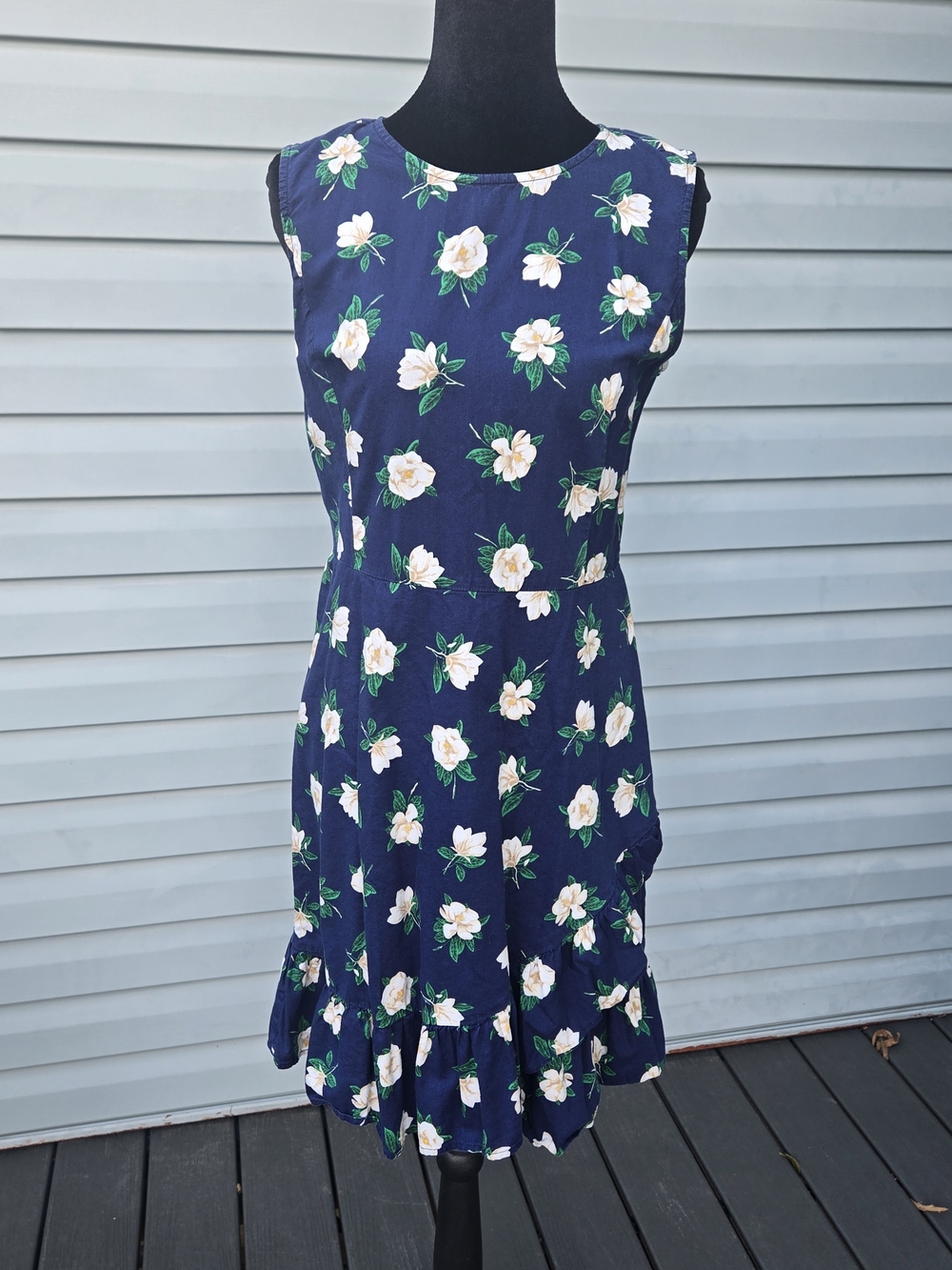 Draper James Navy Blue Floral Magnolia Asymmetric Ruffle Hem Dress Size 6
